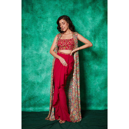 Saaj by Ankita Magenta Drape Ruffle Skirt with Blouse & Long Cape (Set of 3)