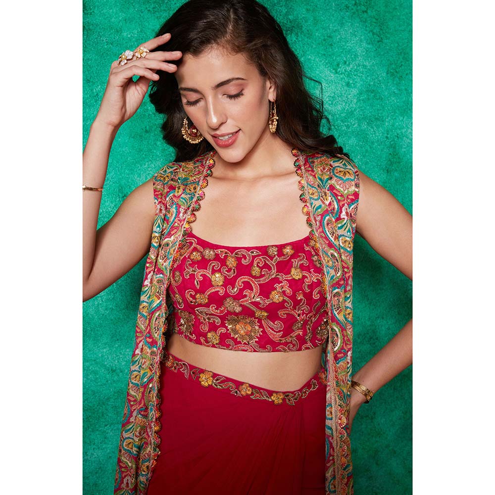 Saaj by Ankita Magenta Drape Ruffle Skirt with Blouse & Long Cape (Set of 3)