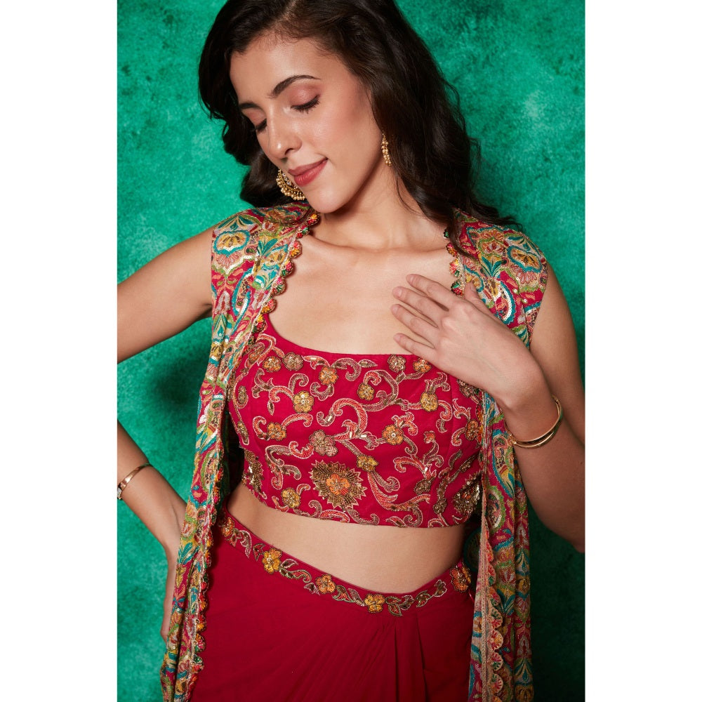 Saaj by Ankita Magenta Drape Ruffle Skirt with Blouse & Long Cape (Set of 3)