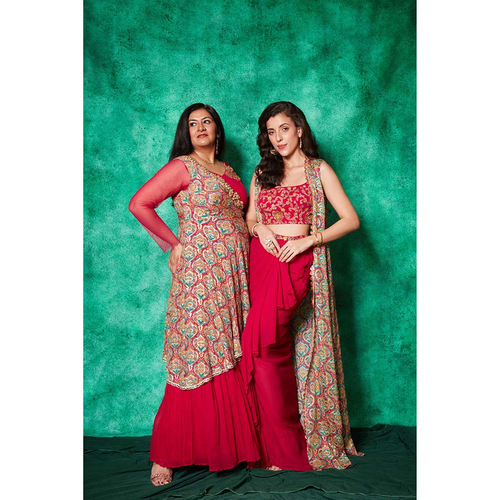 Saaj by Ankita Magenta Drape Ruffle Skirt with Blouse & Long Cape (Set of 3)