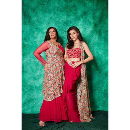 Saaj by Ankita Magenta Drape Ruffle Skirt with Blouse & Long Cape (Set of 3)
