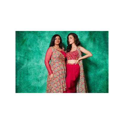 Saaj by Ankita Magenta Drape Ruffle Skirt with Blouse & Long Cape (Set of 3)
