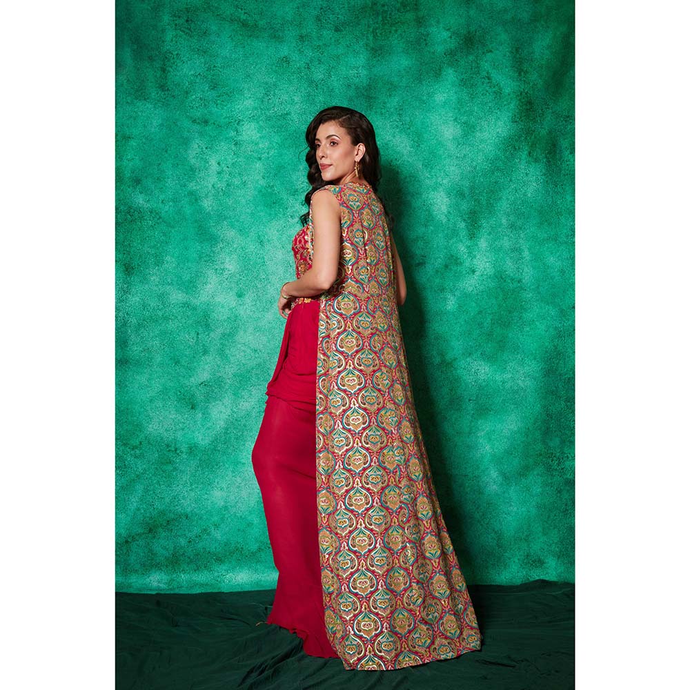 Saaj by Ankita Magenta Drape Ruffle Skirt with Blouse & Long Cape (Set of 3)