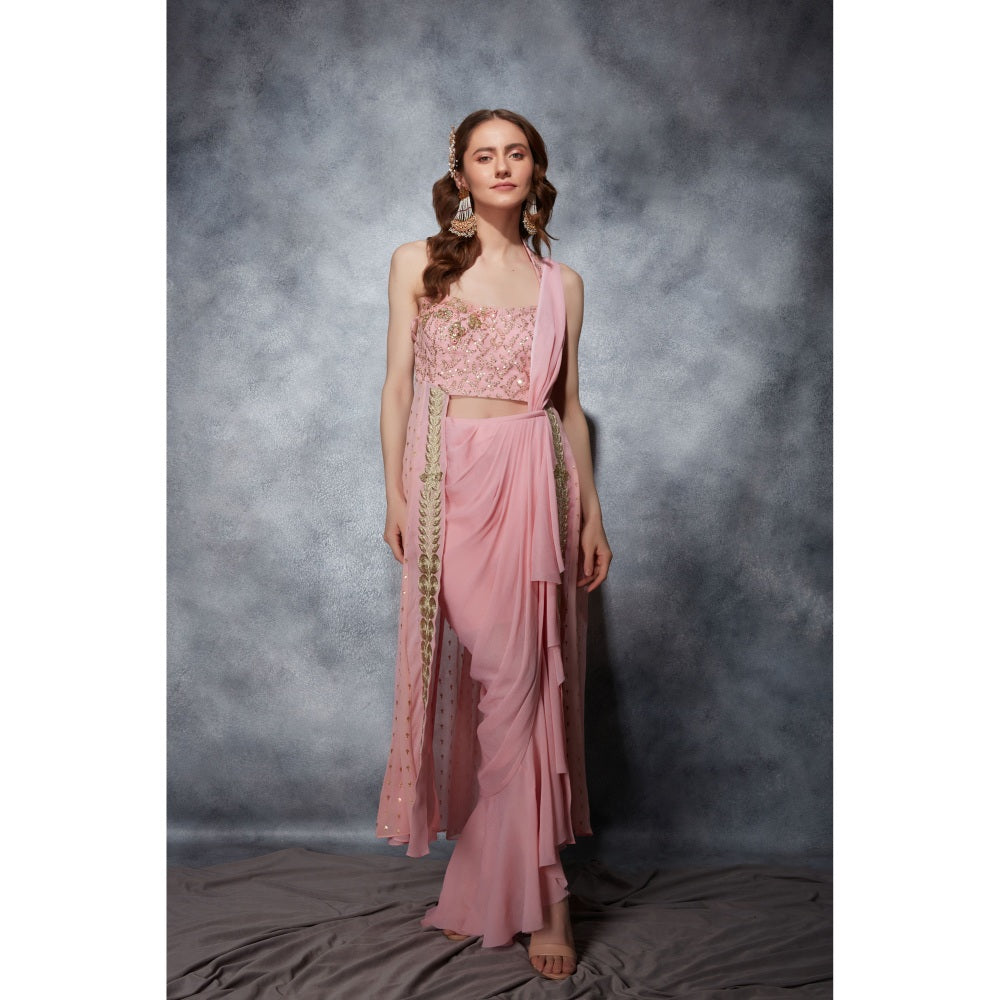 Saaj by Ankita Pink Trail Top with Ruffle Drape Skirt (Set of 2)