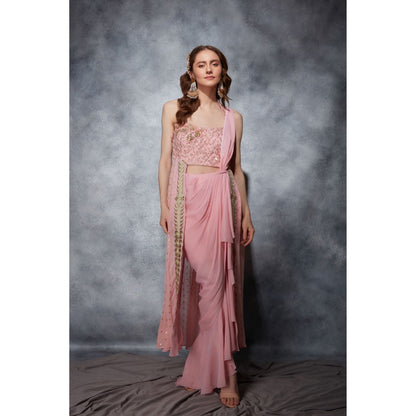 Saaj by Ankita Pink Trail Top with Ruffle Drape Skirt (Set of 2)
