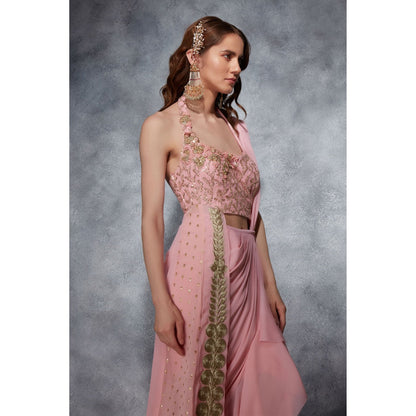 Saaj by Ankita Pink Trail Top with Ruffle Drape Skirt (Set of 2)