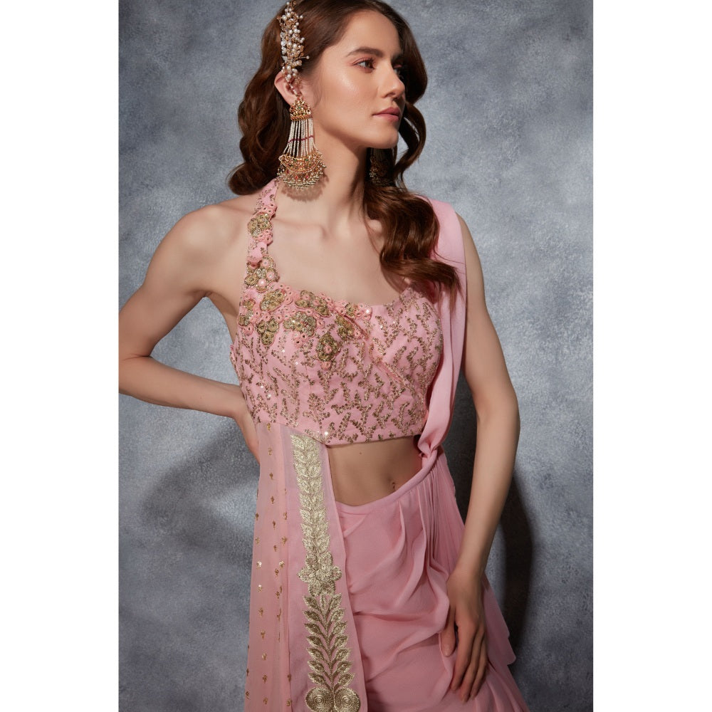 Saaj by Ankita Pink Trail Top with Ruffle Drape Skirt (Set of 2)