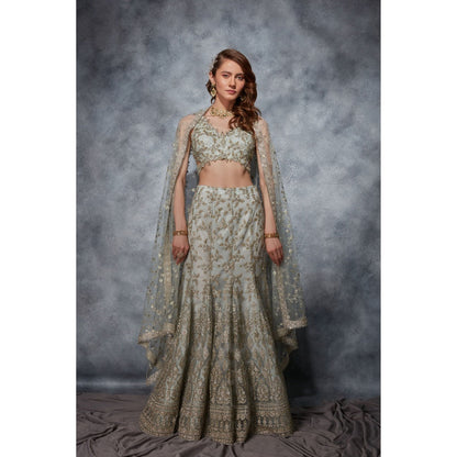 Saaj by Ankita Grey Crystal Flower Sage Lehenga & Blouse with Dupatta (Set of 3)