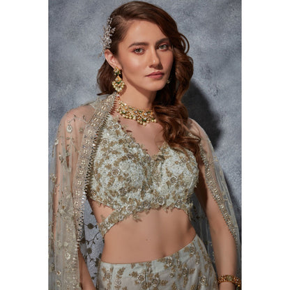 Saaj by Ankita Grey Crystal Flower Sage Lehenga & Blouse with Dupatta (Set of 3)