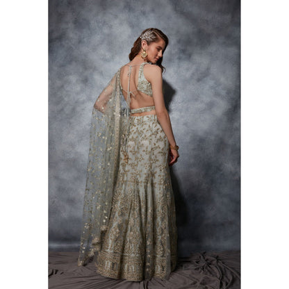Saaj by Ankita Grey Crystal Flower Sage Lehenga & Blouse with Dupatta (Set of 3)