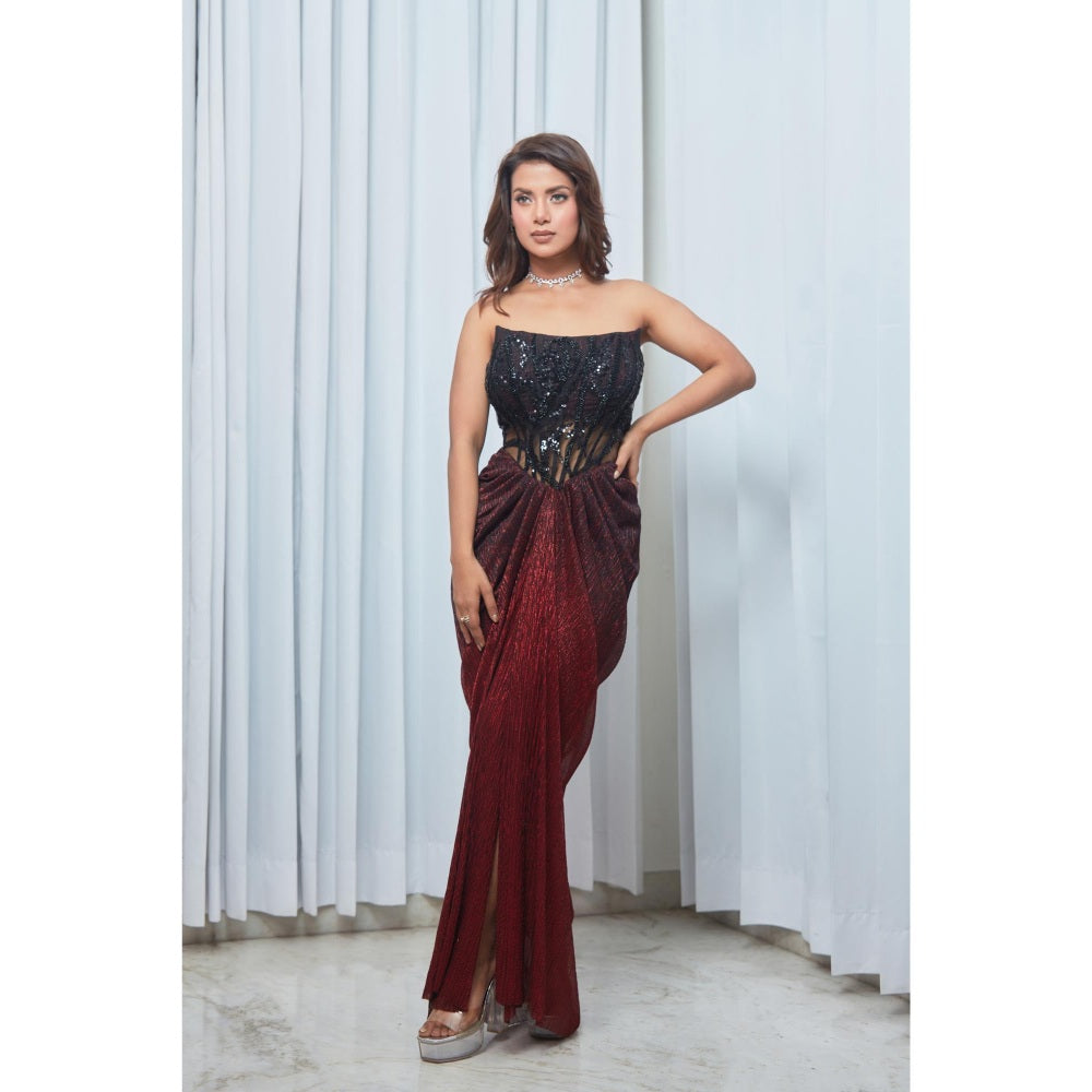 Saaj by Ankita Wine Corset Gown With Metallic Drape
