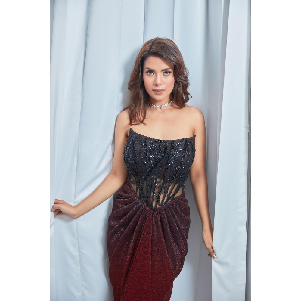 Saaj by Ankita Wine Corset Gown With Metallic Drape