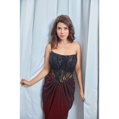 Saaj by Ankita Wine Corset Gown With Metallic Drape