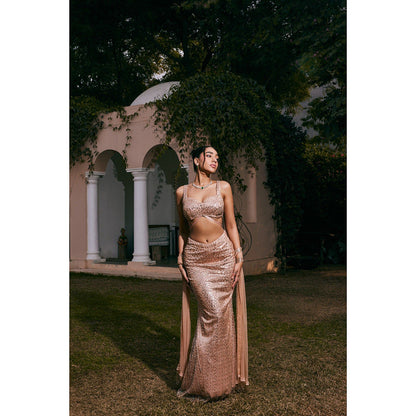 Saanjh by Lea Nazia Rose Gold Embroidered Mermaid Lehenga with Blouse and Dupatta (Set of 3)