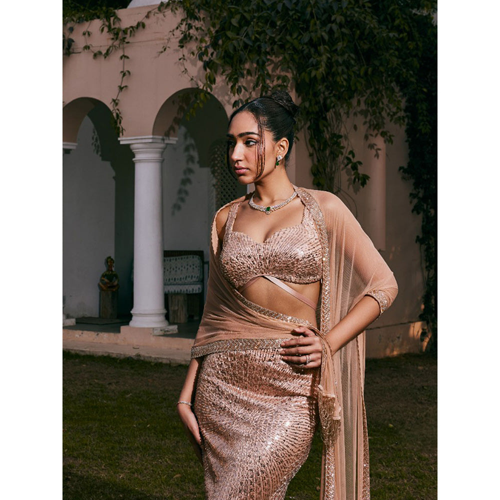 Saanjh by Lea Nazia Rose Gold Embroidered Mermaid Lehenga with Blouse and Dupatta (Set of 3)