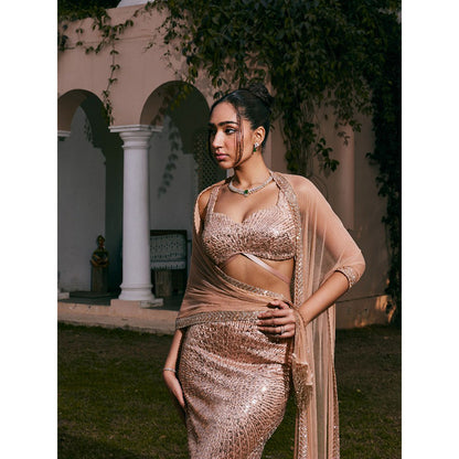 Saanjh by Lea Nazia Rose Gold Embroidered Mermaid Lehenga with Blouse and Dupatta (Set of 3)