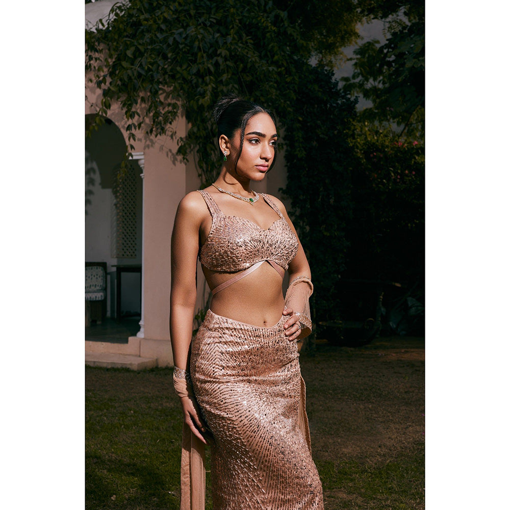 Saanjh by Lea Nazia Rose Gold Embroidered Mermaid Lehenga with Blouse and Dupatta (Set of 3)