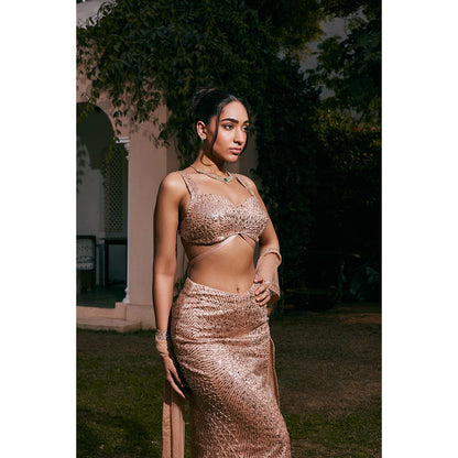 Saanjh by Lea Nazia Rose Gold Embroidered Mermaid Lehenga with Blouse and Dupatta (Set of 3)