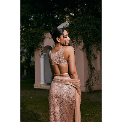 Saanjh by Lea Nazia Rose Gold Embroidered Mermaid Lehenga with Blouse and Dupatta (Set of 3)