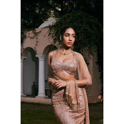 Saanjh by Lea Nazia Rose Gold Embroidered Mermaid Lehenga with Blouse and Dupatta (Set of 3)