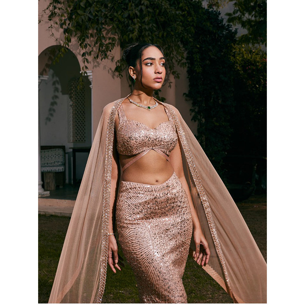 Saanjh by Lea Nazia Rose Gold Embroidered Mermaid Lehenga with Blouse and Dupatta (Set of 3)