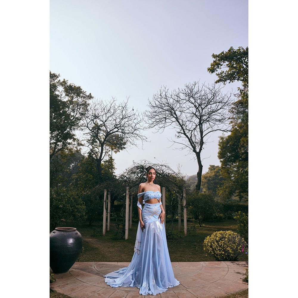 Saanjh by Lea Jasmine Blue Satin Shimmer Chiffon Lehenga with Blouse and Dupatta (Set of 3)