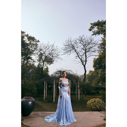 Saanjh by Lea Jasmine Blue Satin Shimmer Chiffon Lehenga with Blouse and Dupatta (Set of 3)