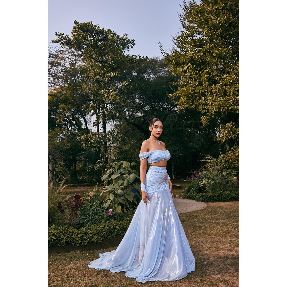 Saanjh by Lea Jasmine Blue Satin Shimmer Chiffon Lehenga with Blouse and Dupatta (Set of 3)