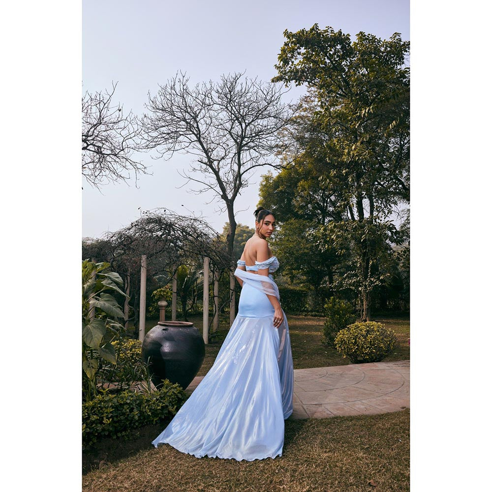 Saanjh by Lea Jasmine Blue Satin Shimmer Chiffon Lehenga with Blouse and Dupatta (Set of 3)