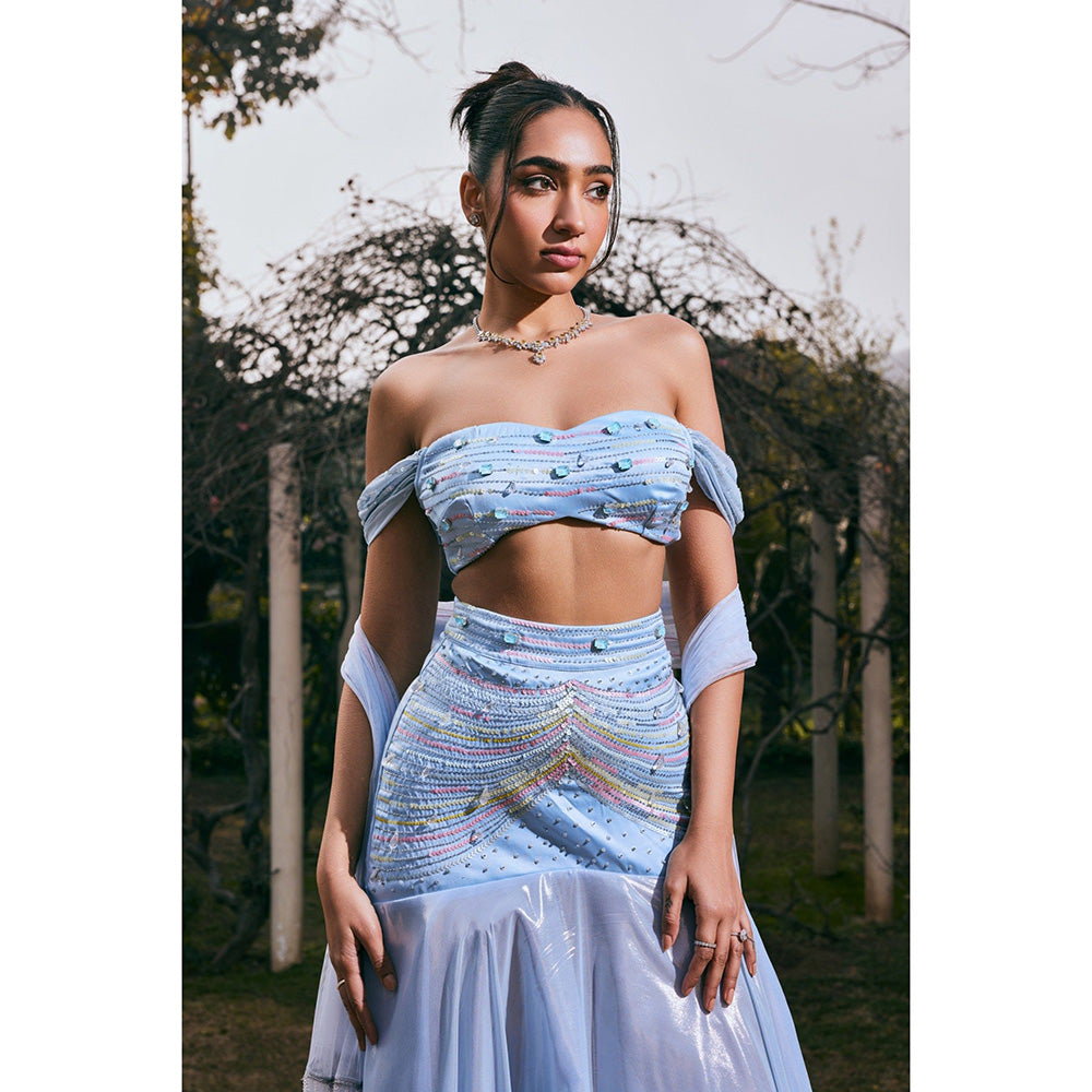 Saanjh by Lea Jasmine Blue Satin Shimmer Chiffon Lehenga with Blouse and Dupatta (Set of 3)