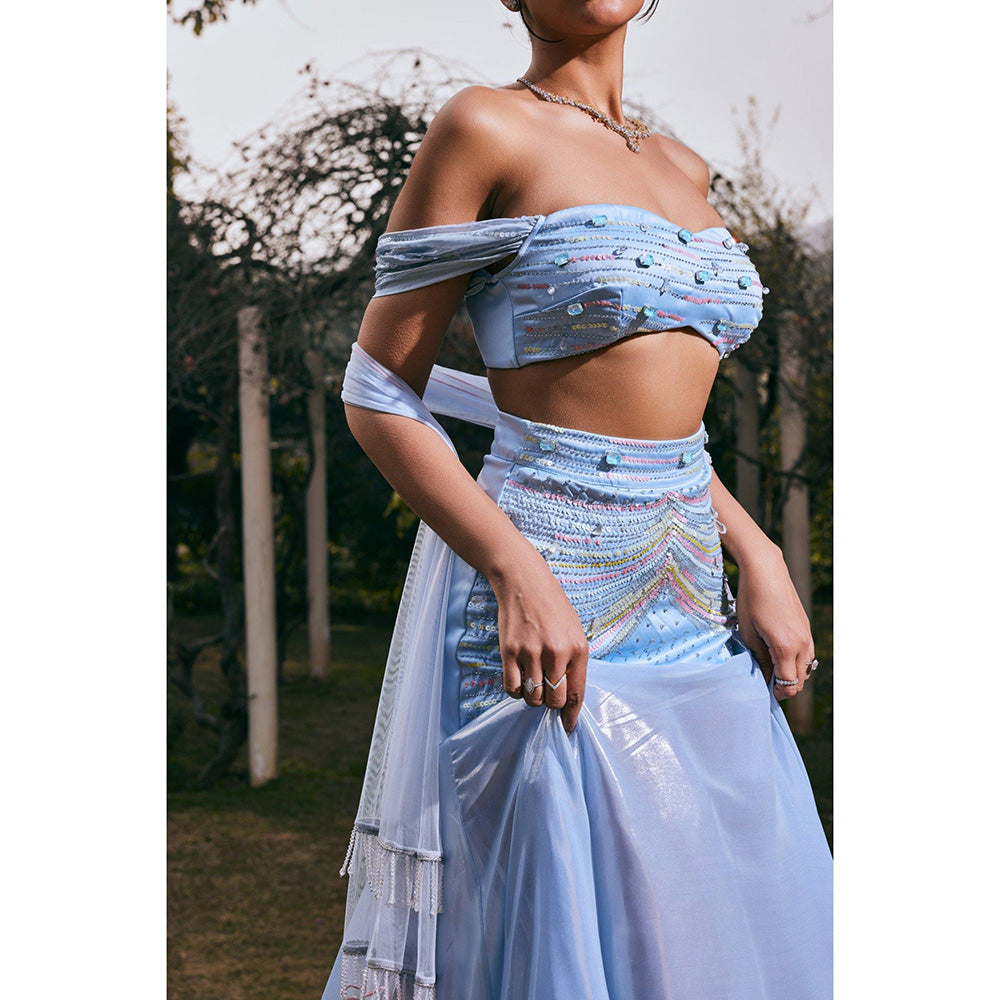 Saanjh by Lea Jasmine Blue Satin Shimmer Chiffon Lehenga with Blouse and Dupatta (Set of 3)