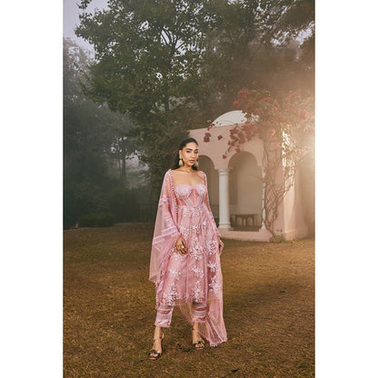 Saanjh by Lea Fariha Blush Pink Embroidered Anarkali Kurta with Pant and Dupatta (Set of 3)