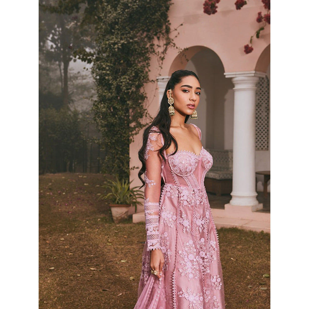 Saanjh by Lea Fariha Blush Pink Embroidered Anarkali Kurta with Pant and Dupatta (Set of 3)