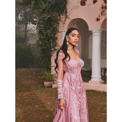 Saanjh by Lea Fariha Blush Pink Embroidered Anarkali Kurta with Pant and Dupatta (Set of 3)