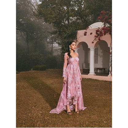 Saanjh by Lea Fariha Blush Pink Embroidered Anarkali Kurta with Pant and Dupatta (Set of 3)