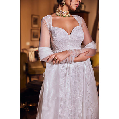 Saanjh by Lea Satya Soft Mesh Embroidered White Anarkali with Dupatta (Set of 2)