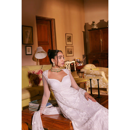 Saanjh by Lea Satya Soft Mesh Embroidered White Anarkali with Dupatta (Set of 2)