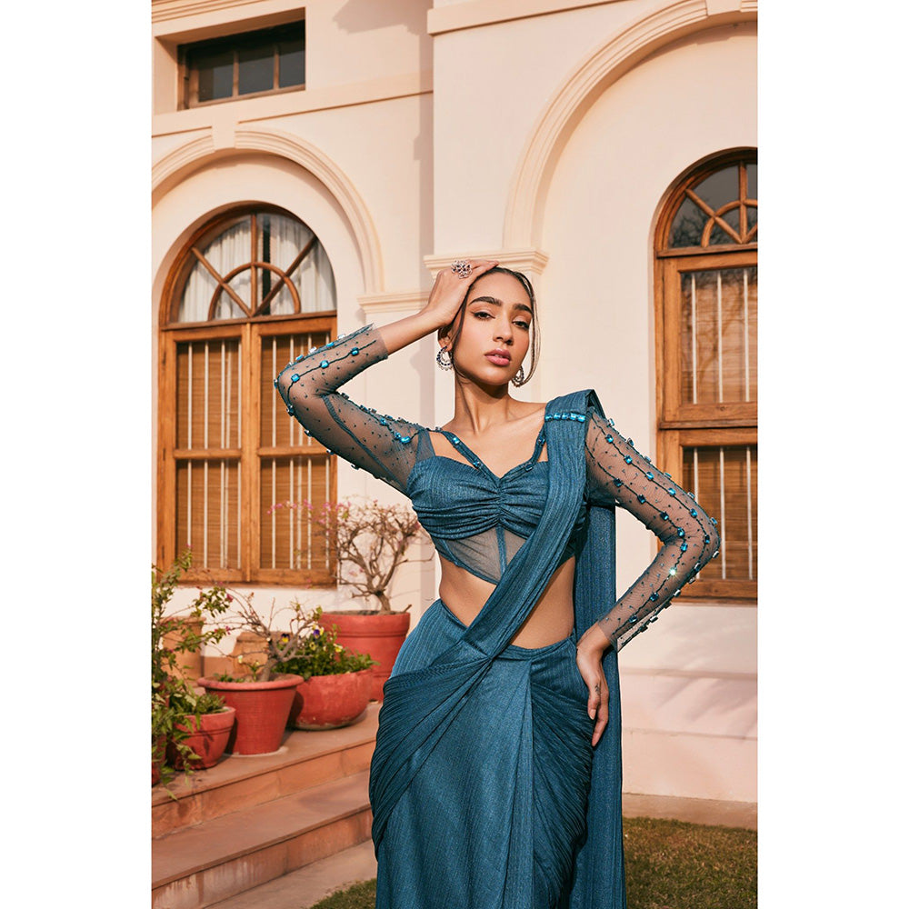 Saanjh by Lea Uzma Teal Chiffon Pre-Draped Saree with Stitched Blouse