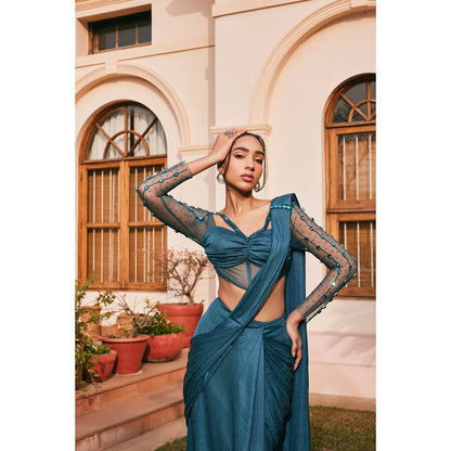 Saanjh by Lea Uzma Teal Chiffon Pre-Draped Saree with Stitched Blouse