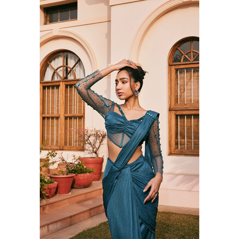 Saanjh by Lea Uzma Teal Chiffon Pre-Draped Saree with Stitched Blouse