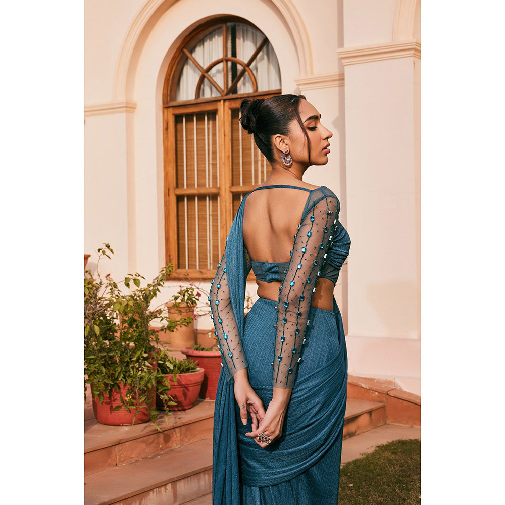 Saanjh by Lea Uzma Teal Chiffon Pre-Draped Saree with Stitched Blouse