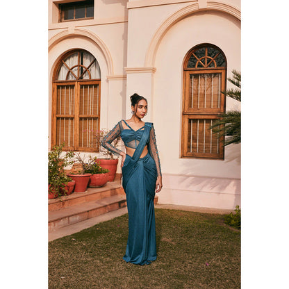 Saanjh by Lea Uzma Teal Chiffon Pre-Draped Saree with Stitched Blouse