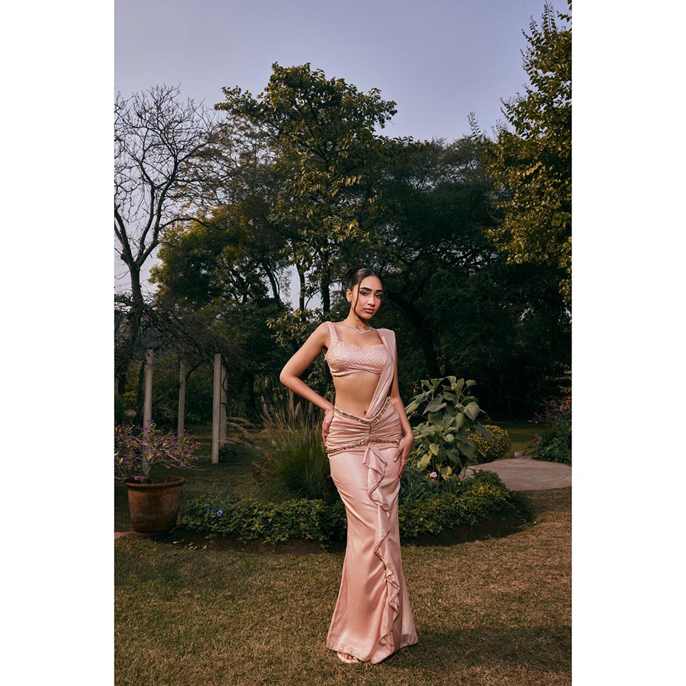 Saanjh by Lea Amber Pink Shimmer Organza Pre-Draped Saree with Stitched Blouse