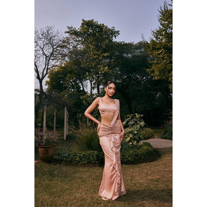 Saanjh by Lea Amber Pink Shimmer Organza Pre-Draped Saree with Stitched Blouse