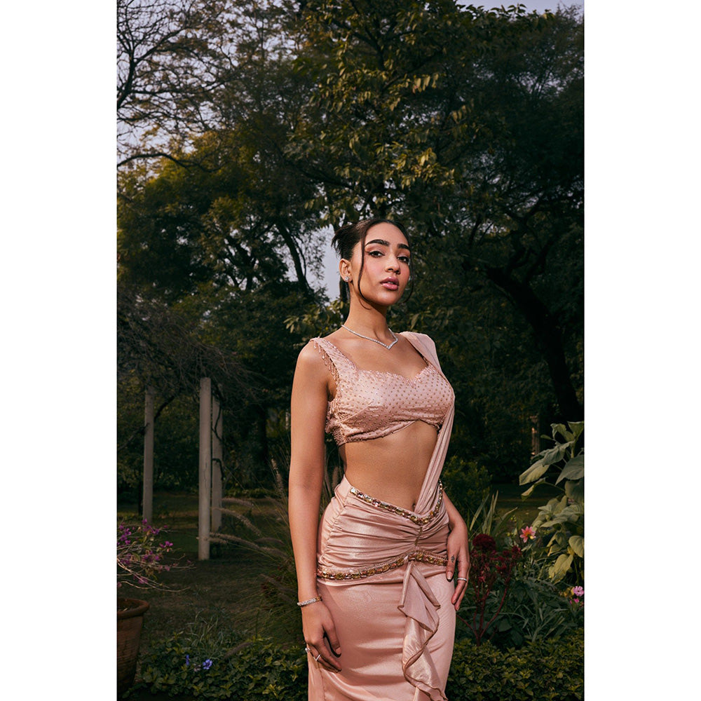 Saanjh by Lea Amber Pink Shimmer Organza Pre-Draped Saree with Stitched Blouse