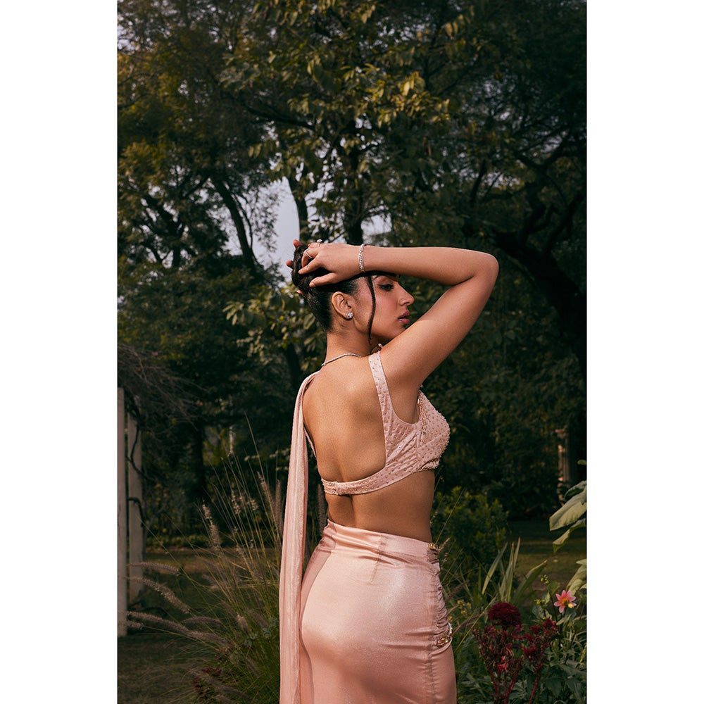 Saanjh by Lea Amber Pink Shimmer Organza Pre-Draped Saree with Stitched Blouse