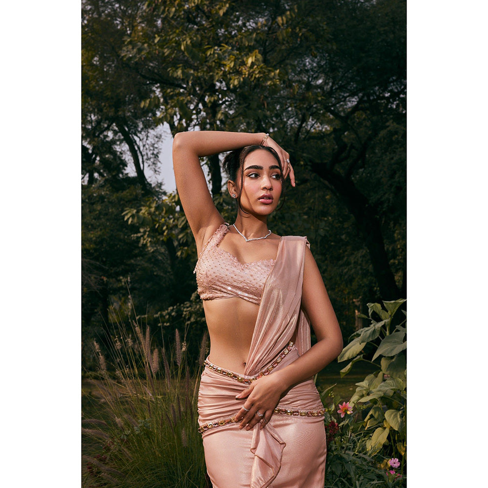 Saanjh by Lea Amber Pink Shimmer Organza Pre-Draped Saree with Stitched Blouse