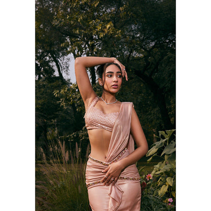 Saanjh by Lea Amber Pink Shimmer Organza Pre-Draped Saree with Stitched Blouse