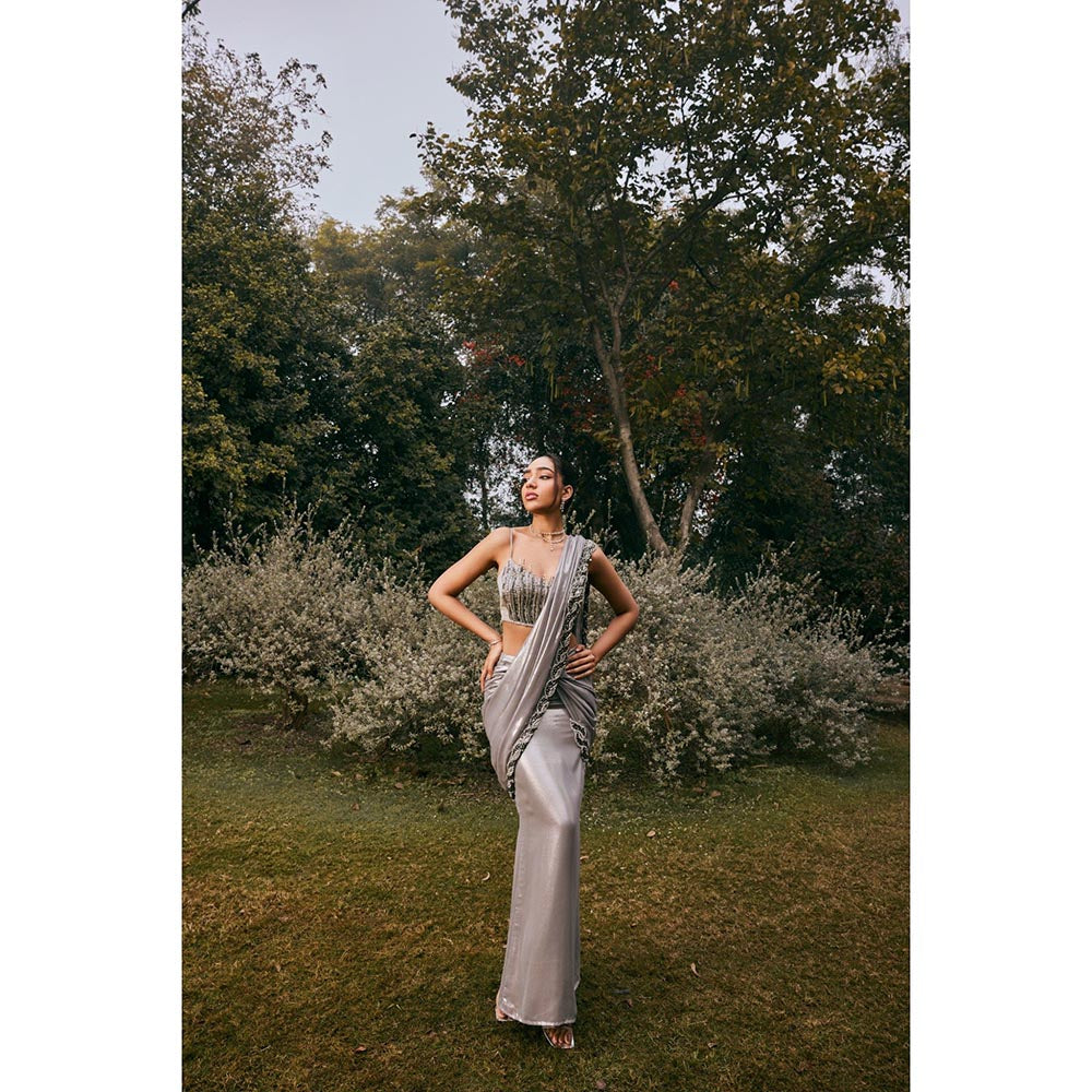 Saanjh by Lea Sobia Grey Shimmer Chiffon Pre-Draped Saree with Stitched Blouse