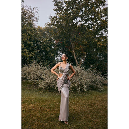 Saanjh by Lea Sobia Grey Shimmer Chiffon Pre-Draped Saree with Stitched Blouse